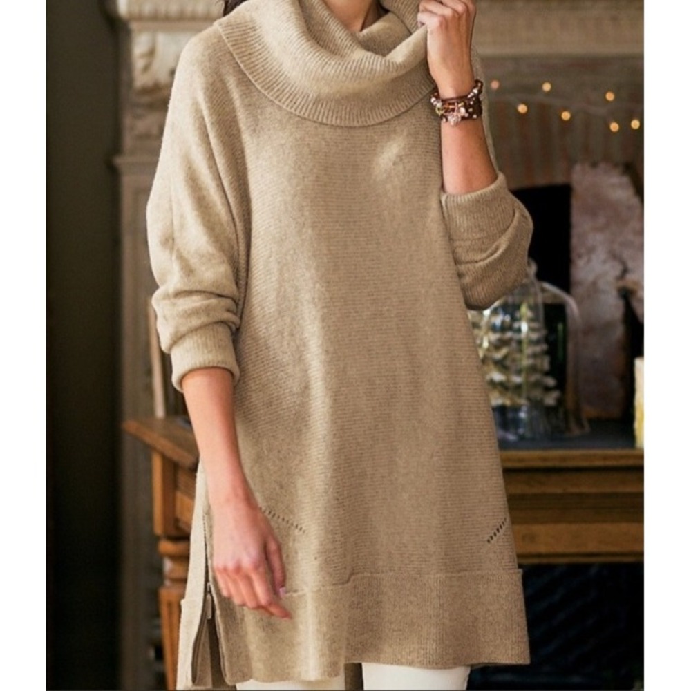 Soft Surroundings Tan Cowl Neck Wool Cashmere Blend Tunic Sweater L/XL Large XL